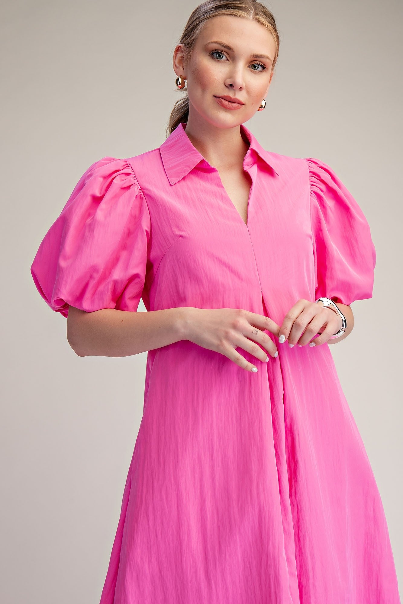 Hot Pink V Neck Midi Dress