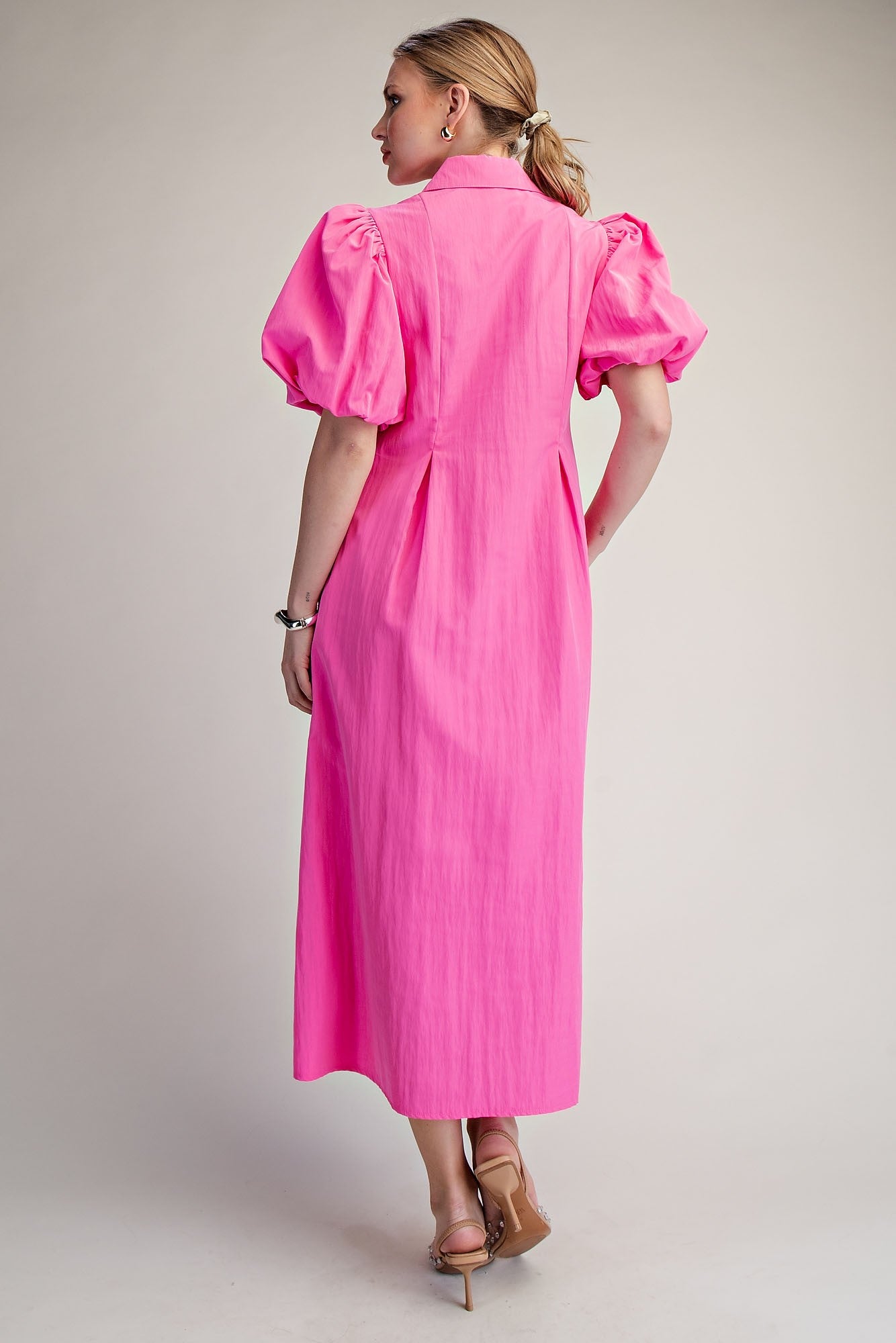 Hot Pink V Neck Midi Dress