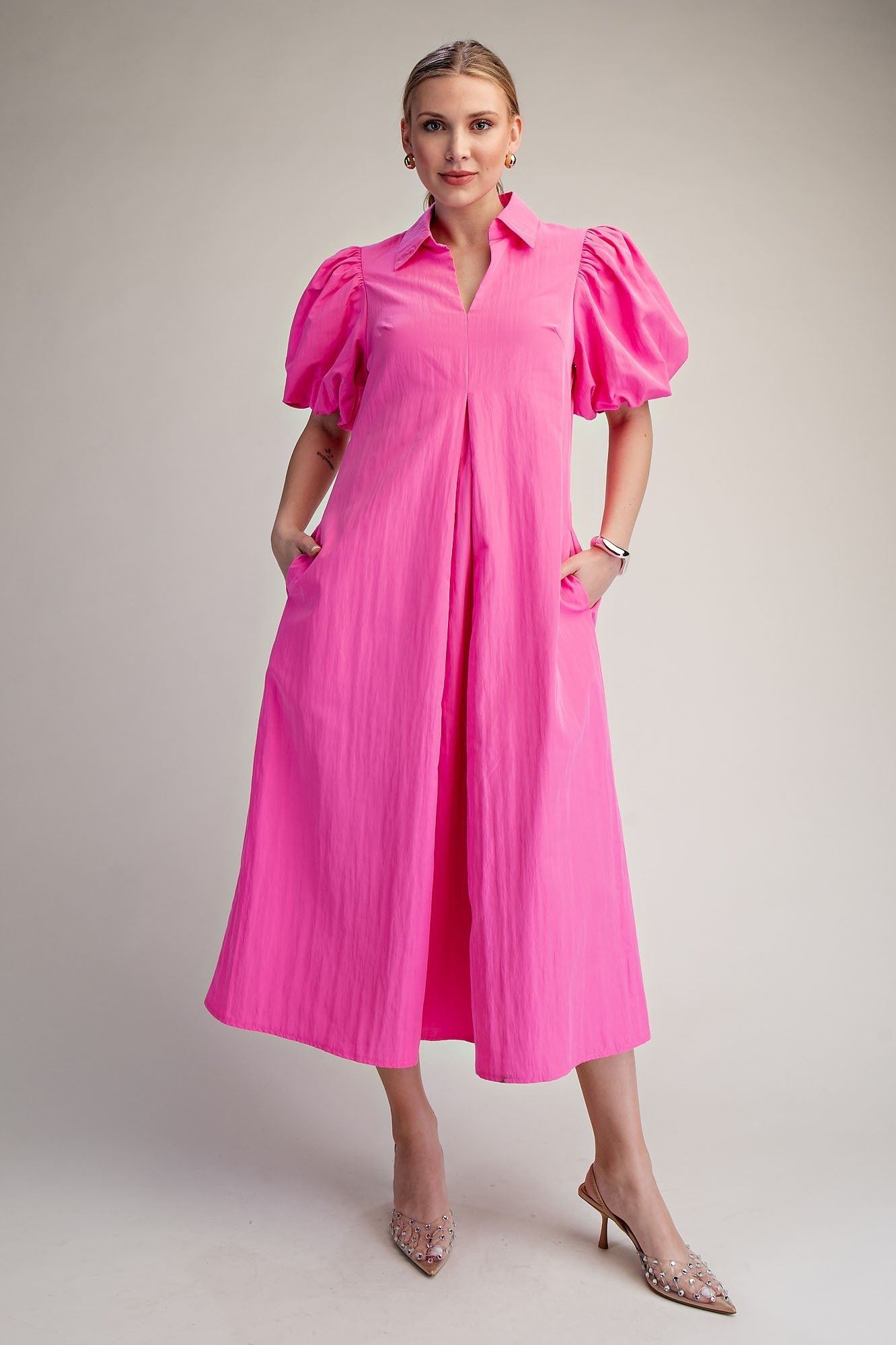 Hot Pink V Neck Midi Dress
