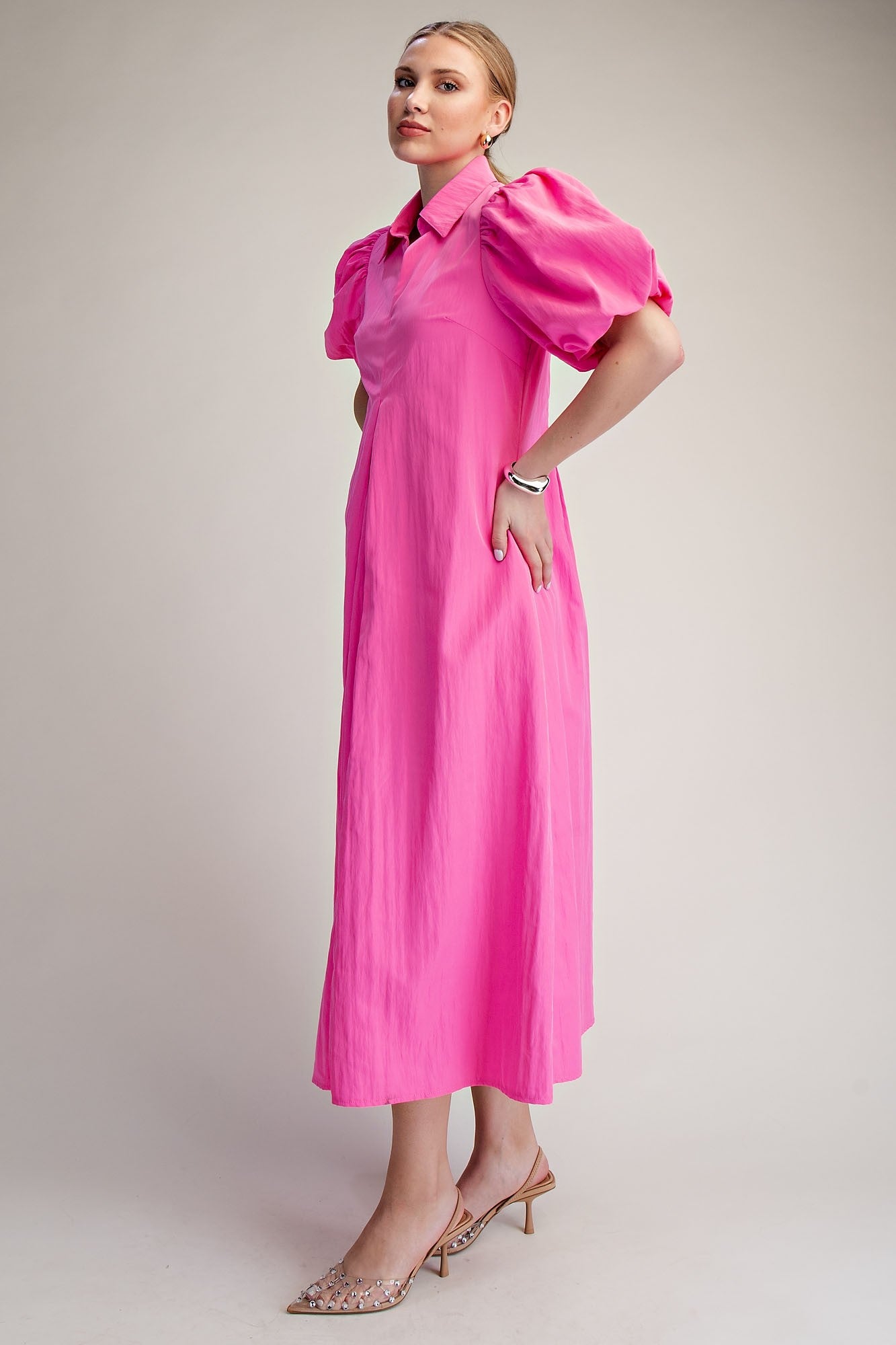 Hot Pink V Neck Midi Dress