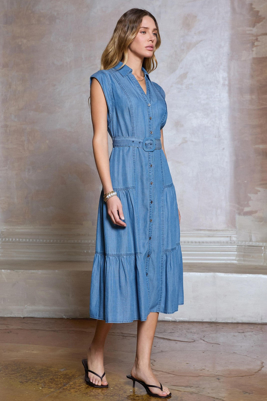 Chambray Buckle Midi Dress