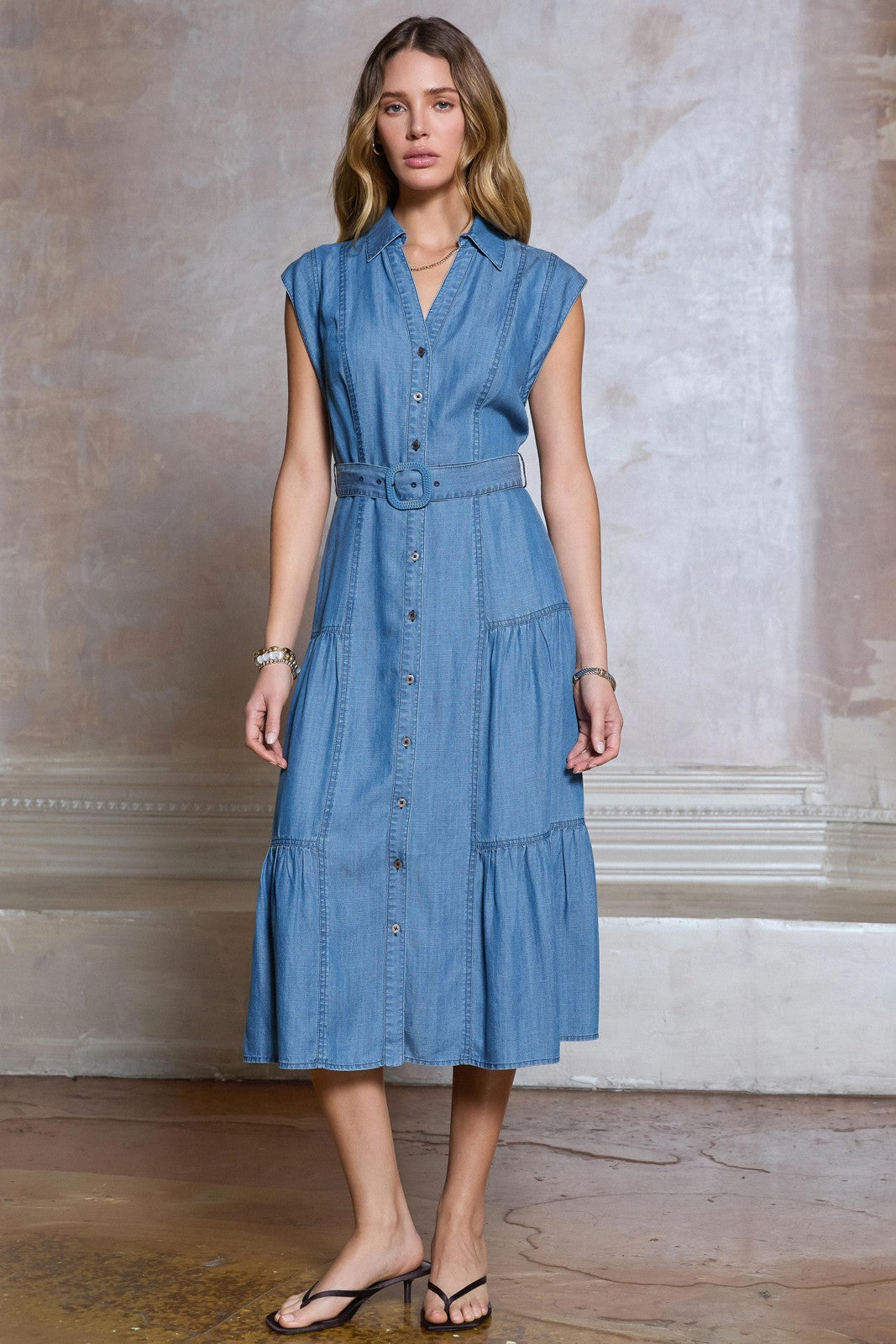 Chambray Buckle Midi Dress