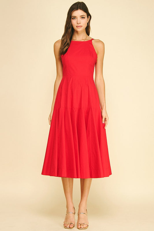 Halter Midi A-Line Dress - Red