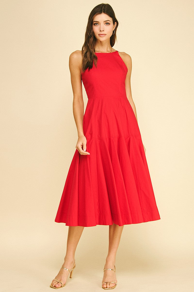 Halter Midi A-Line Dress - Red
