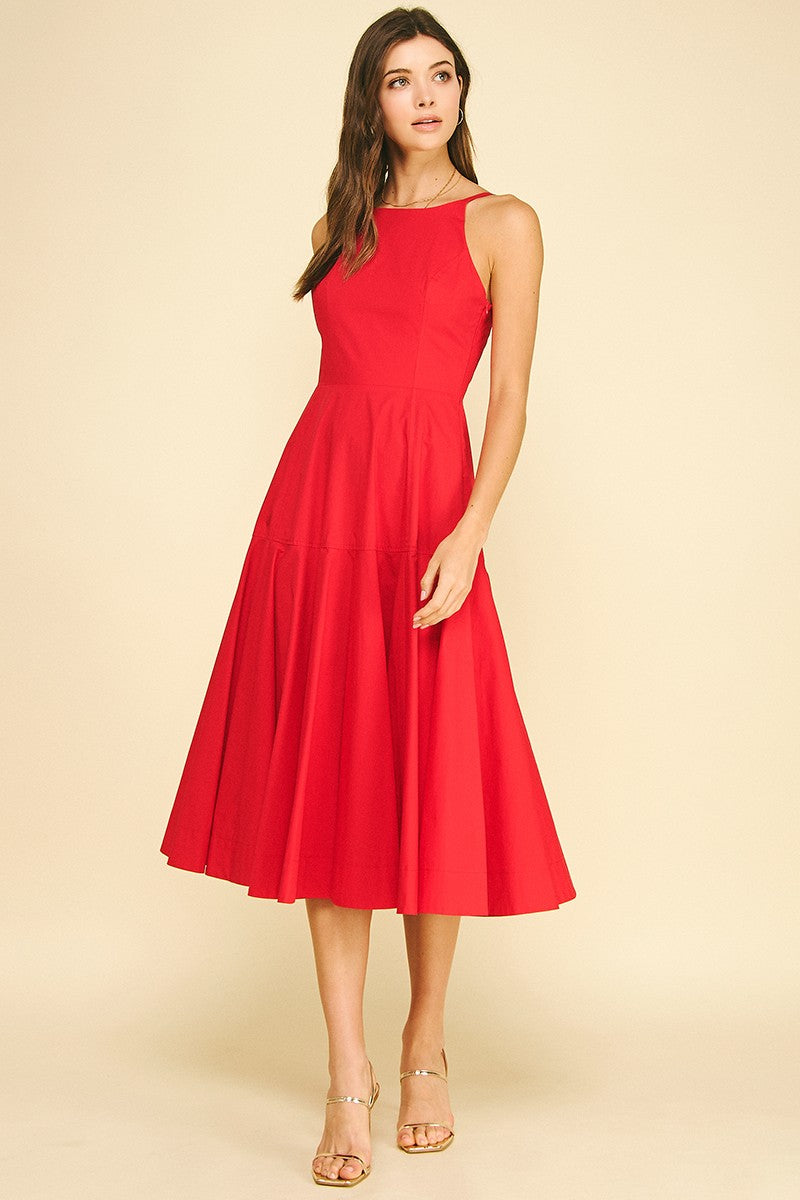 Halter Midi A-Line Dress - Red