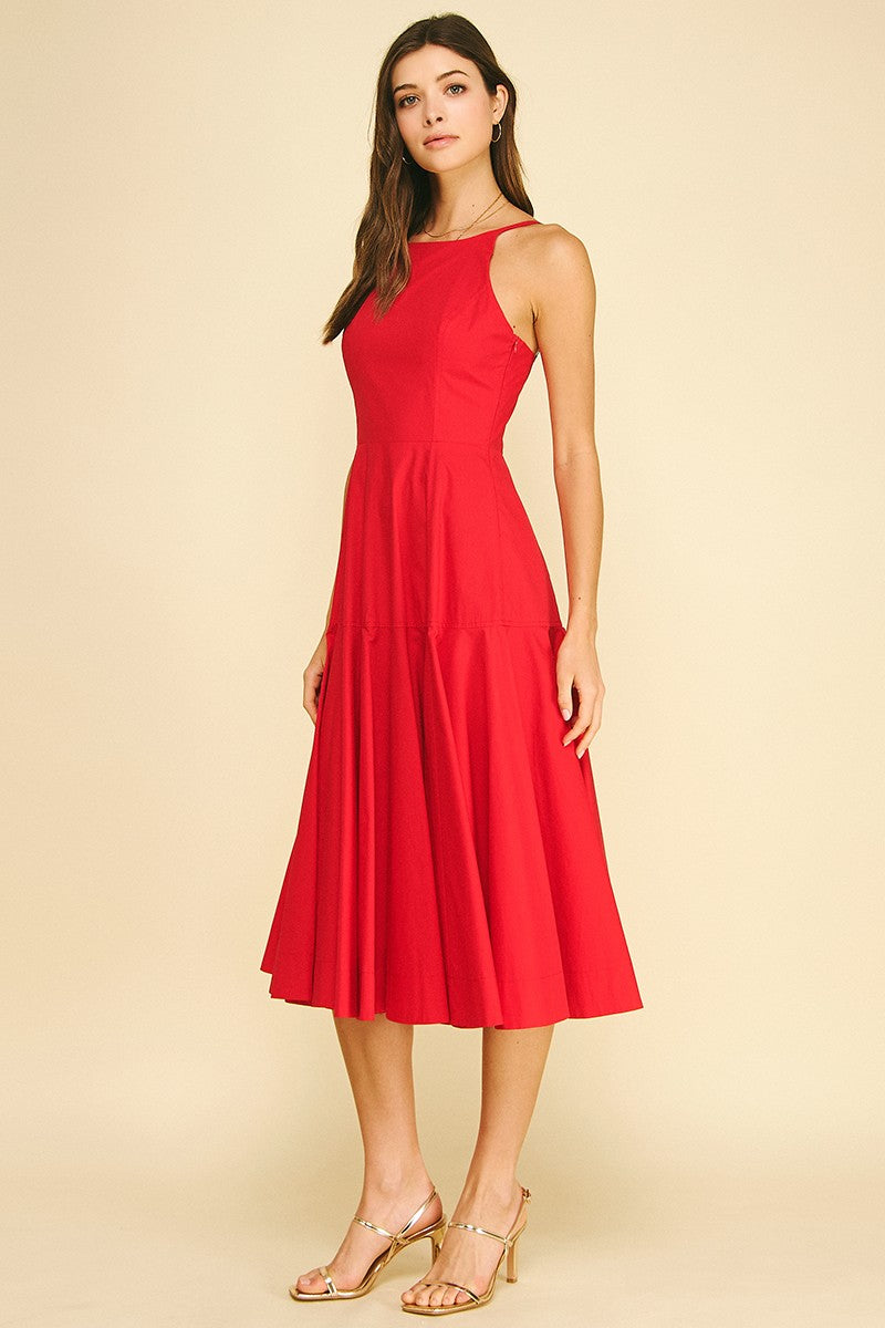Halter Midi A-Line Dress - Red