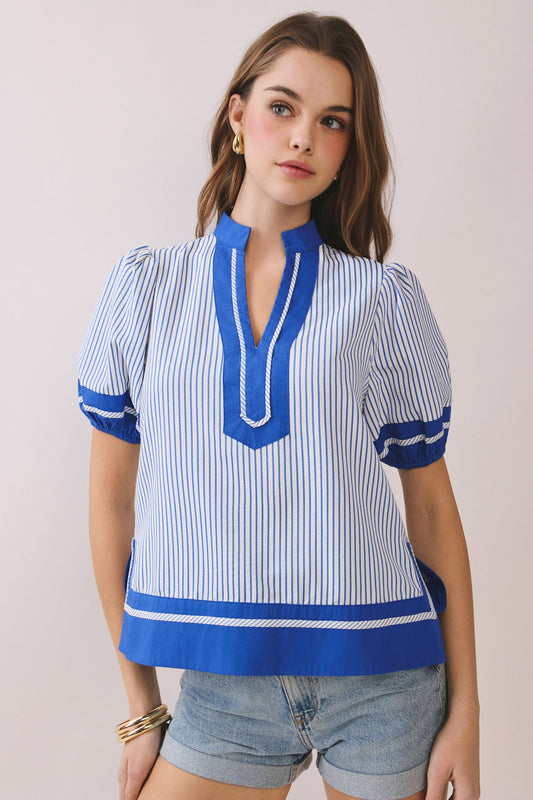 Blue Striped Puff Sleeve Top