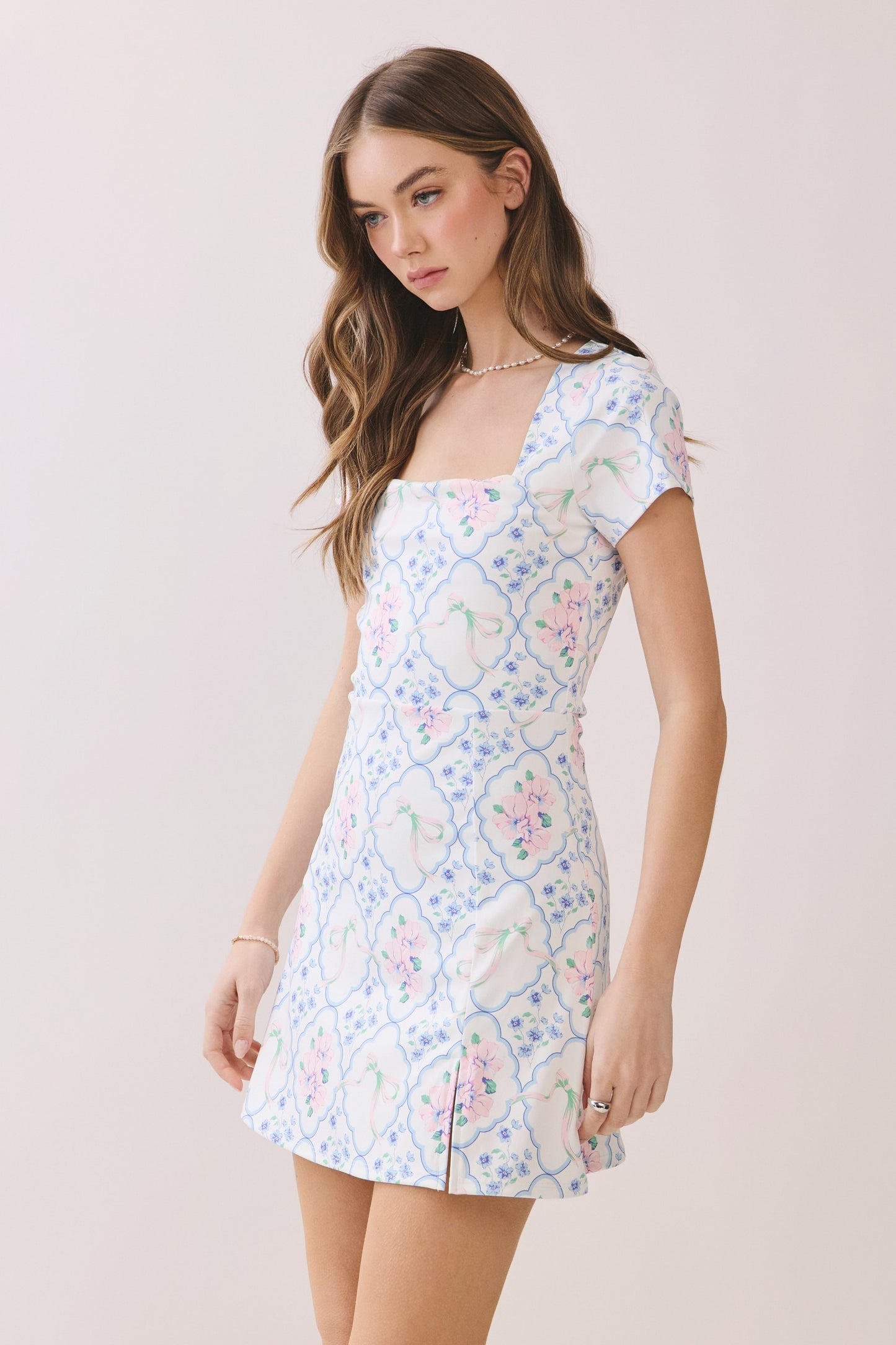 Square Neckline Floral Mini Dress