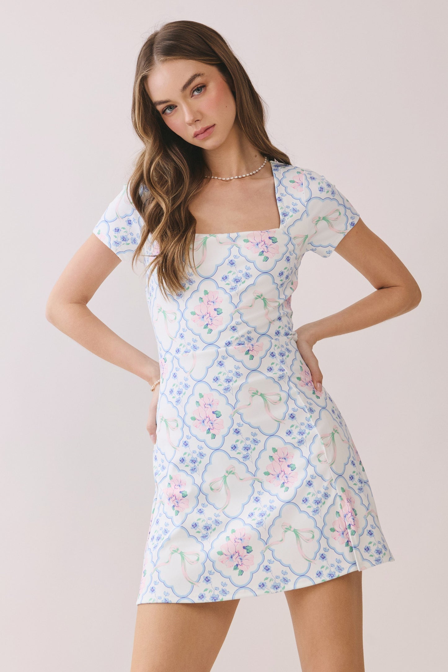 Square Neckline Floral Mini Dress