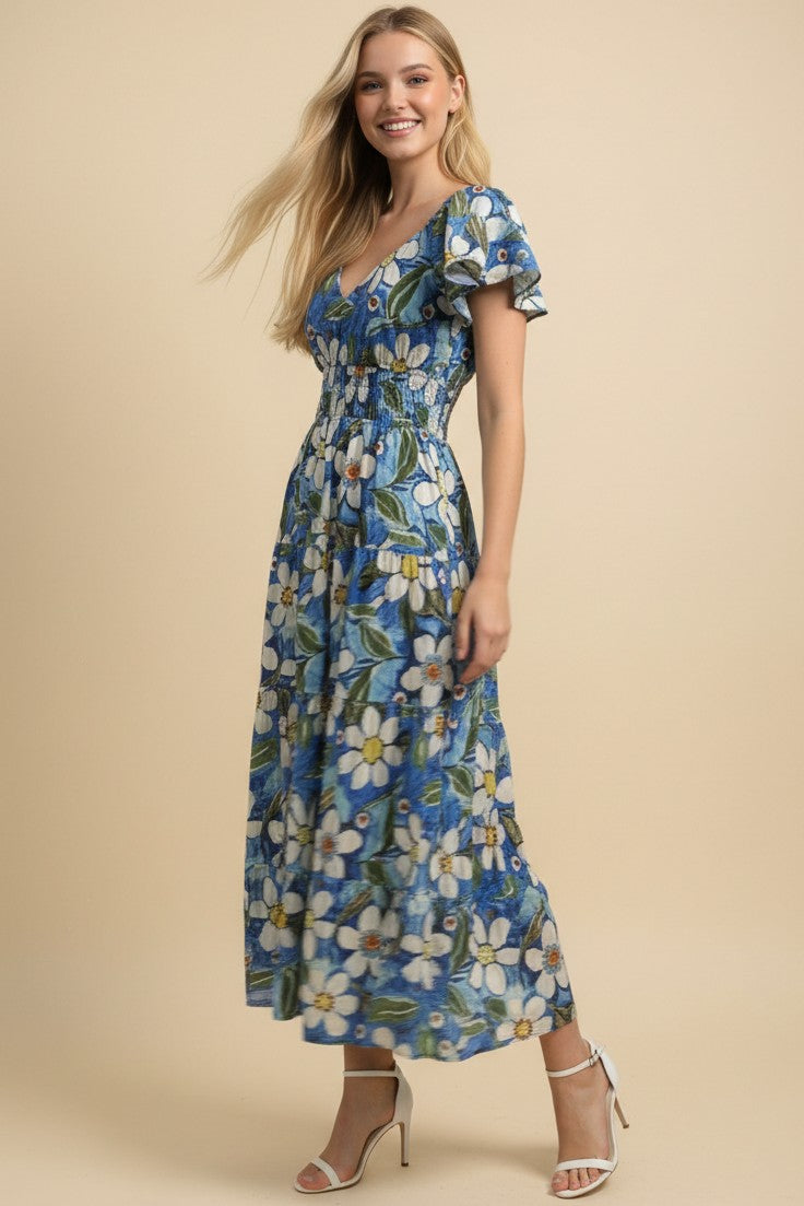 V Neck Ruffle Sleeve Blue Midi Dress