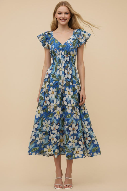 V Neck Ruffle Sleeve Blue Midi Dress