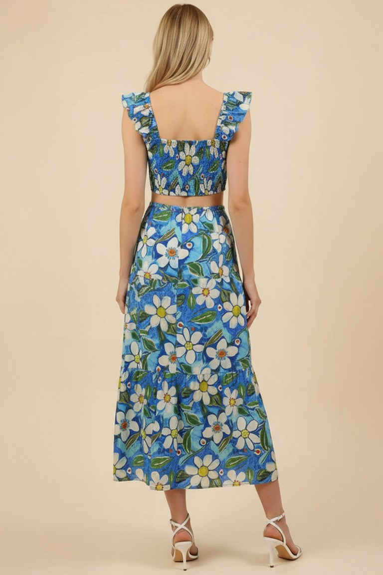 V Neck Ruffle Sleeve Blue Midi Dress