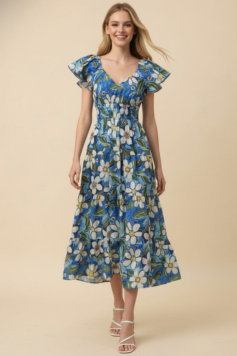 V Neck Ruffle Sleeve Blue Midi Dress