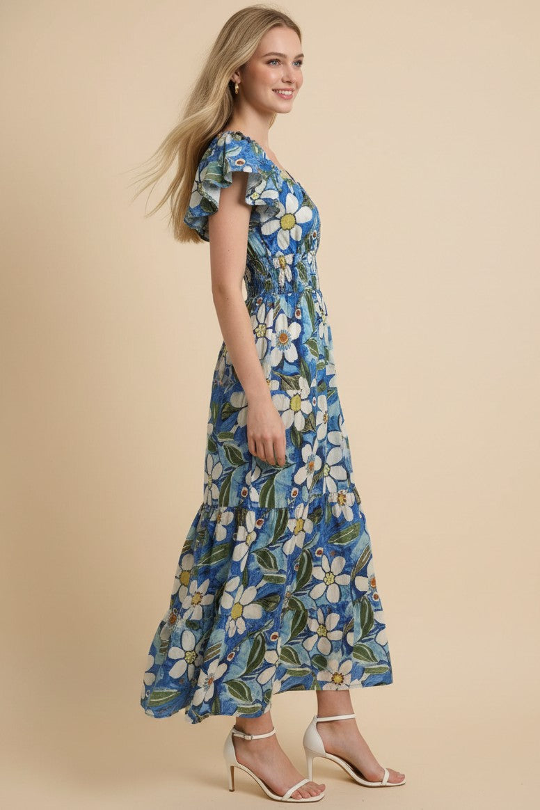 V Neck Ruffle Sleeve Blue Midi Dress