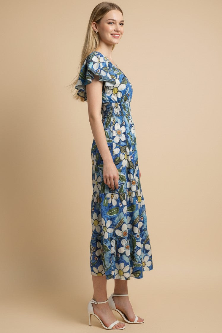 V Neck Ruffle Sleeve Blue Midi Dress