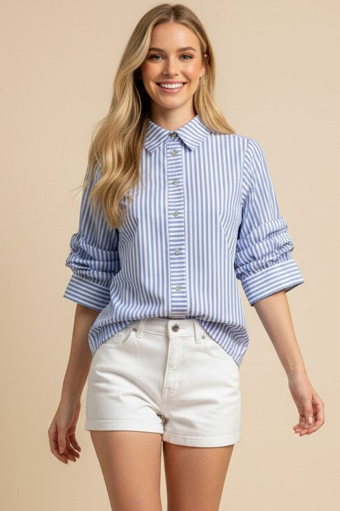 Ruched Sleeve Button Down Shirt