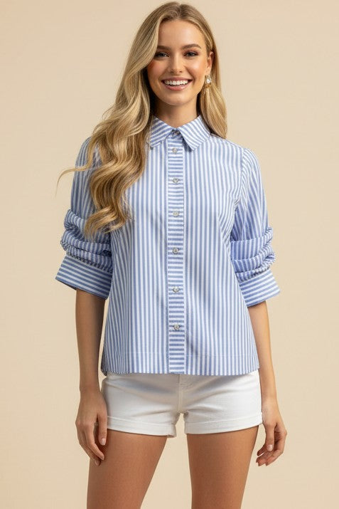 Ruched Sleeve Button Down Shirt