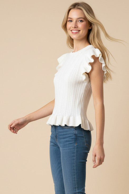 Ivory Ruffle Sleeve Knit Top