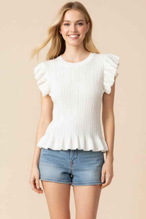 Ivory Ruffle Sleeve Knit Top