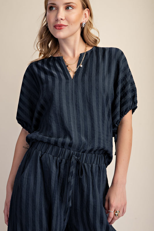 Adjustable Tie Puff Sleeves Top - Navy