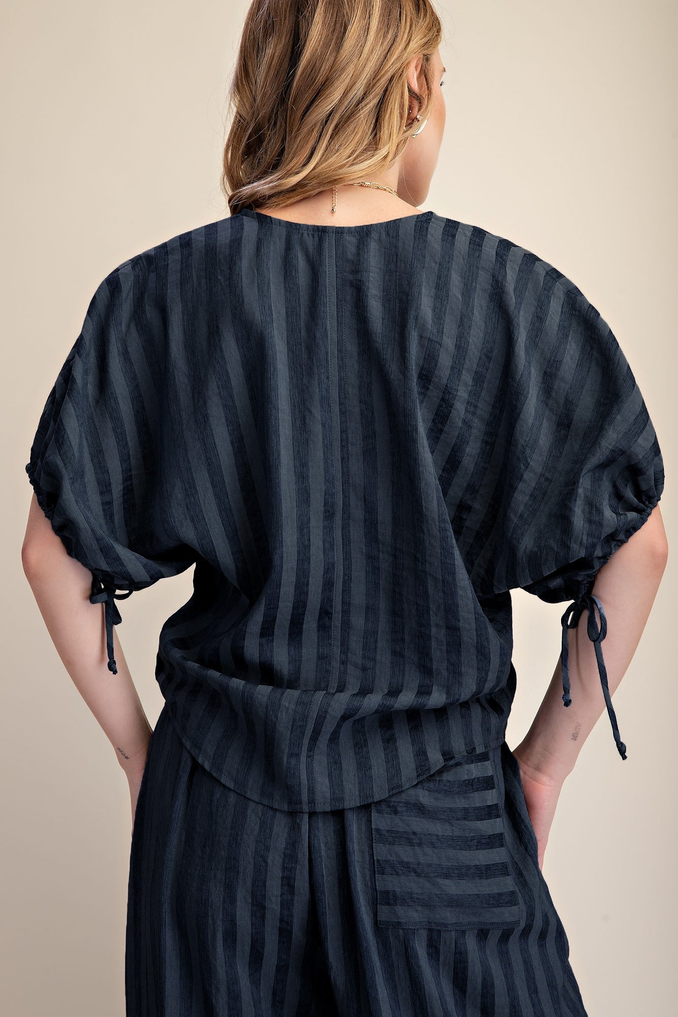 Adjustable Tie Puff Sleeves Top - Navy