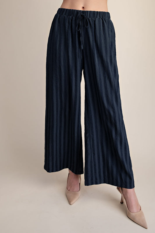 Drawstring Stripe Wide Pants - Navy