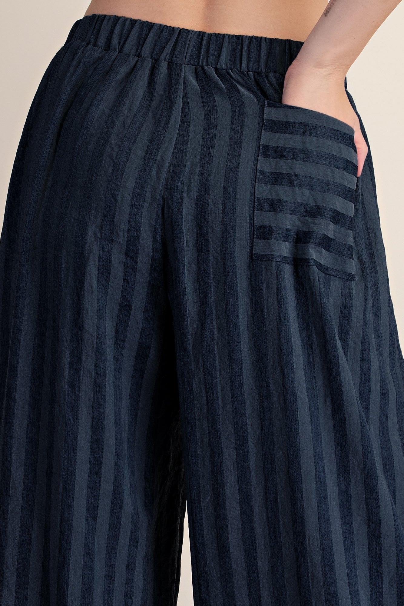 Drawstring Stripe Wide Pants - Navy