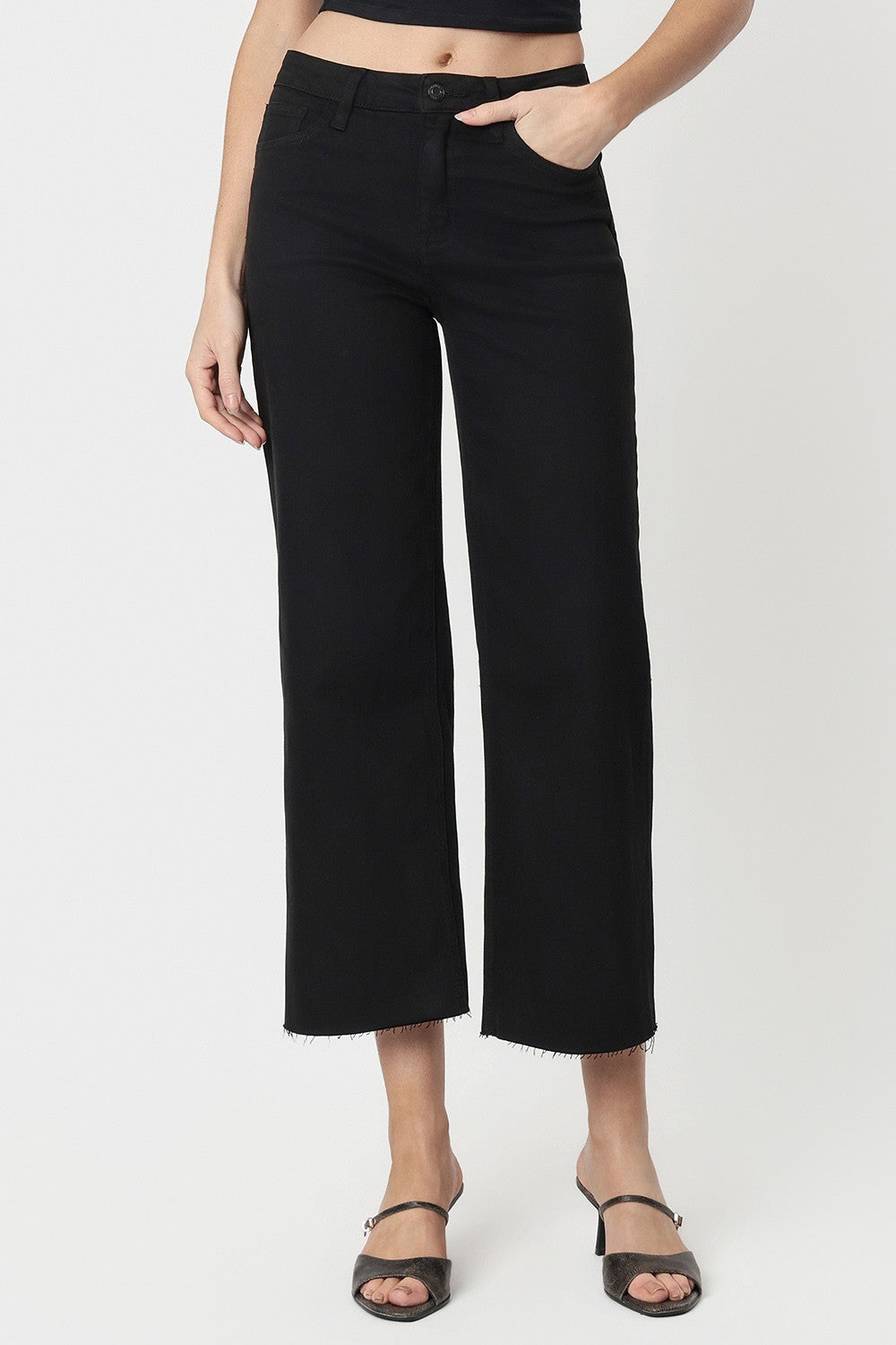 High Rise Black Crop Wide Leg Jeans - Black