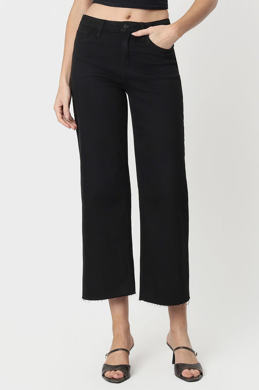 High Rise Black Crop Wide Leg Jeans - Black