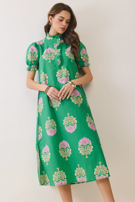 Green Puff Sleeve Midi Dress