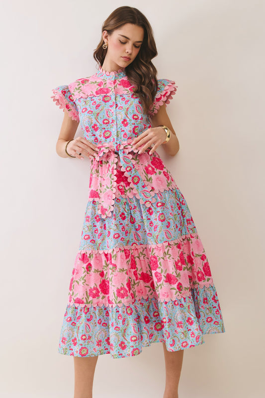 Scallop Pink And Blue Midi Dress