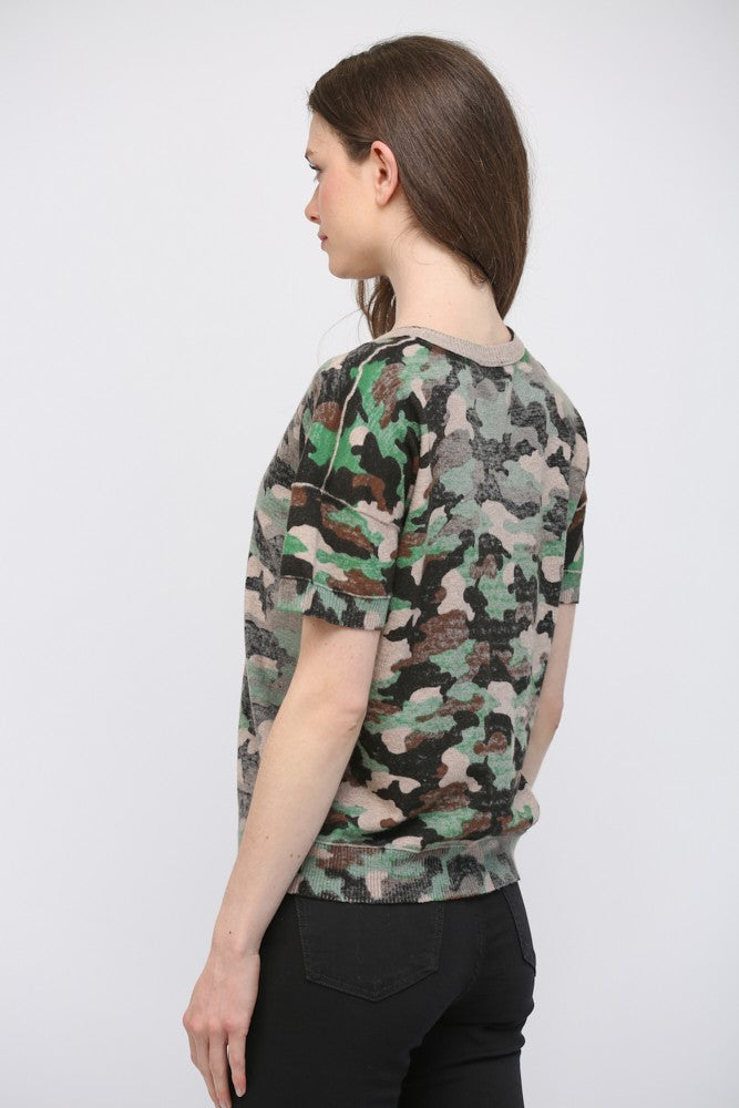 Printed Crew Neckline Short Sleeve Sweater - Camo