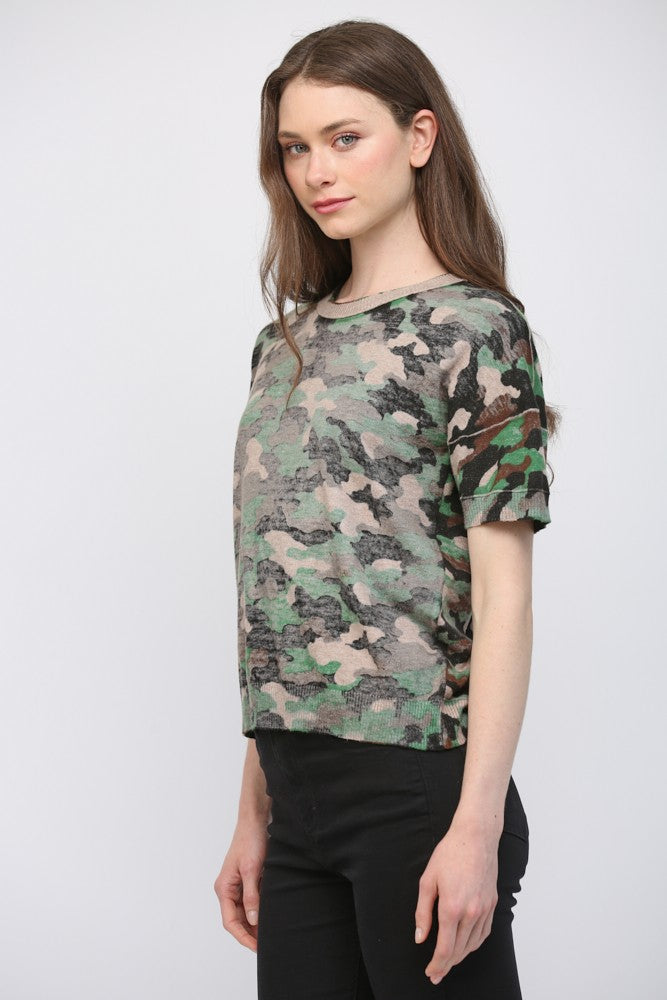 Printed Crew Neckline Short Sleeve Sweater - Camo