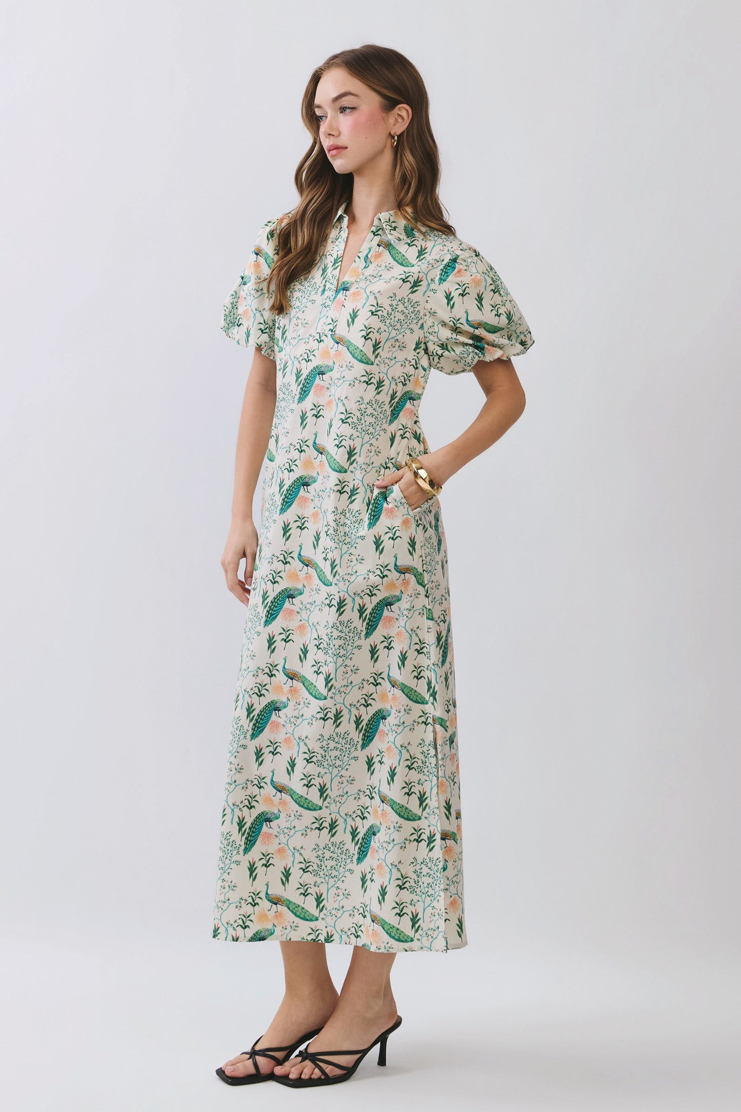 Peacock Puff Sleeve Midi Dress