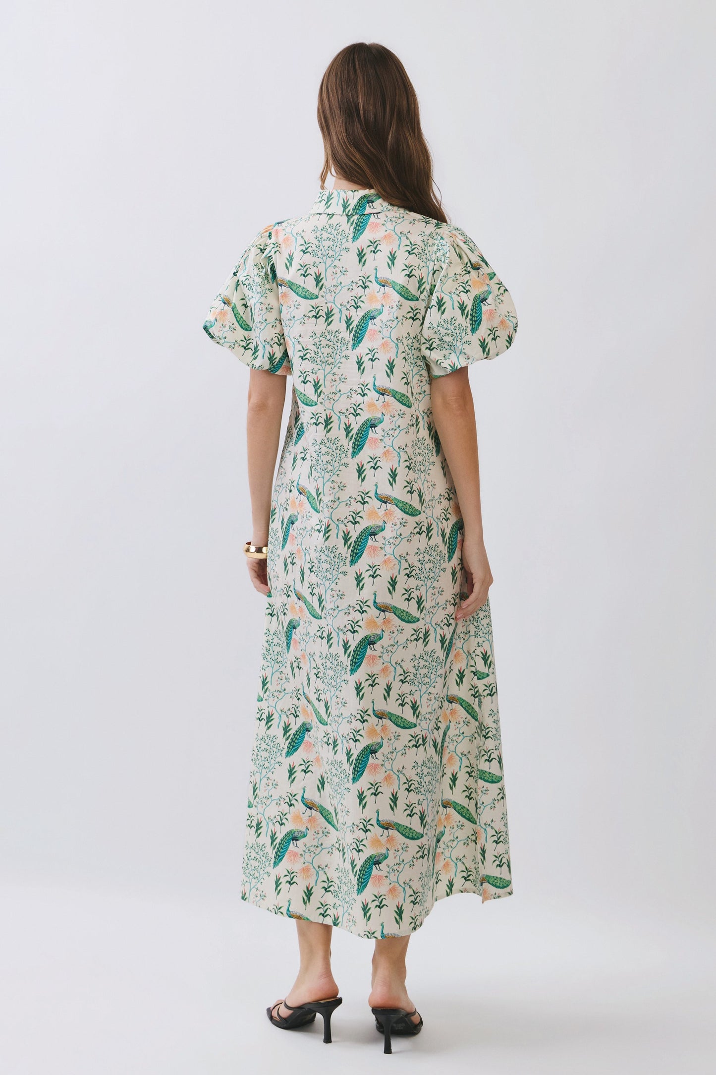 Peacock Puff Sleeve Midi Dress