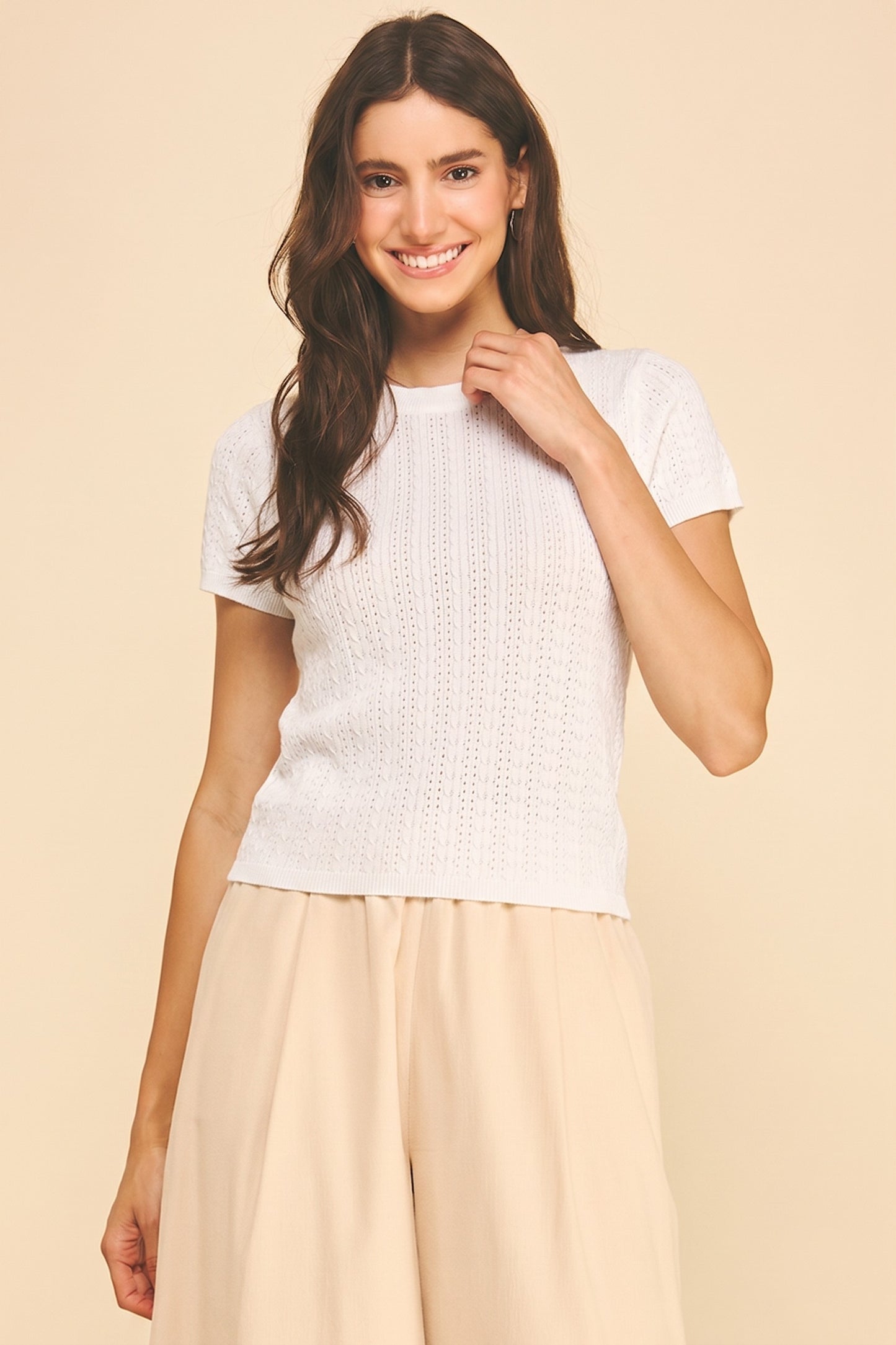 V-neck Short Sleeve Knit Sweater - Off White