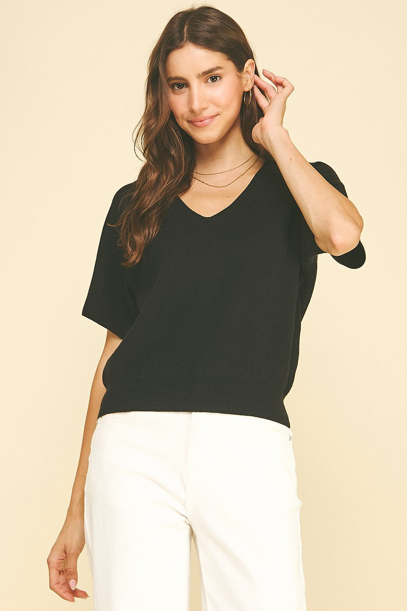 V-neck Short Sleeve Knit Sweater - Black