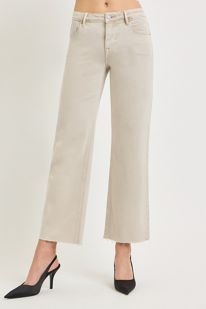 Tummy Control Mid Rise Ankle Straight Raw Hem Pants - Almond
