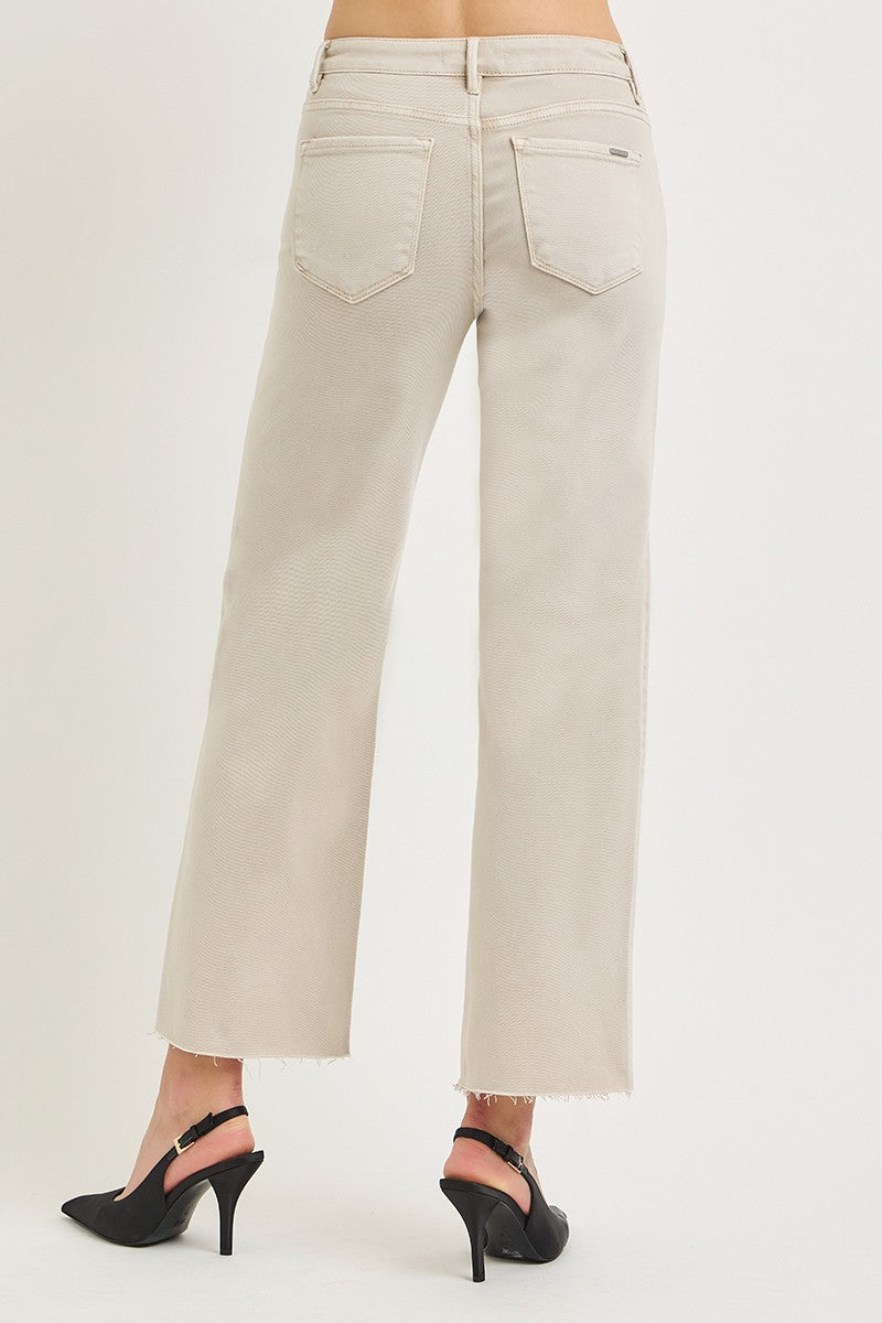Tummy Control Mid Rise Ankle Straight Raw Hem Pants - Almond