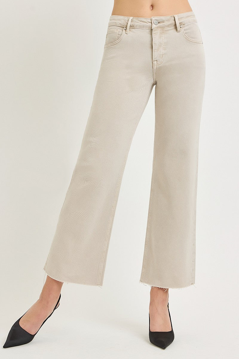 Tummy Control Mid Rise Ankle Straight Raw Hem Pants - Almond