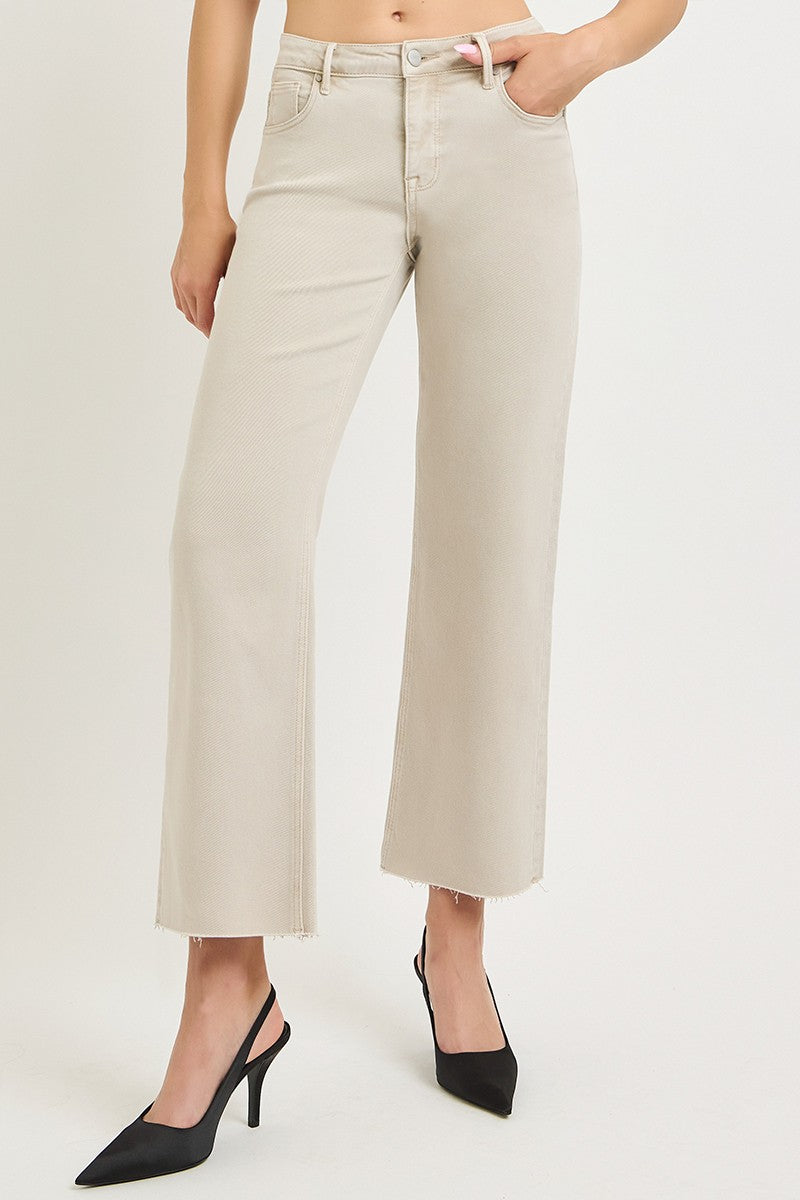 Tummy Control Mid Rise Ankle Straight Raw Hem Pants - Almond