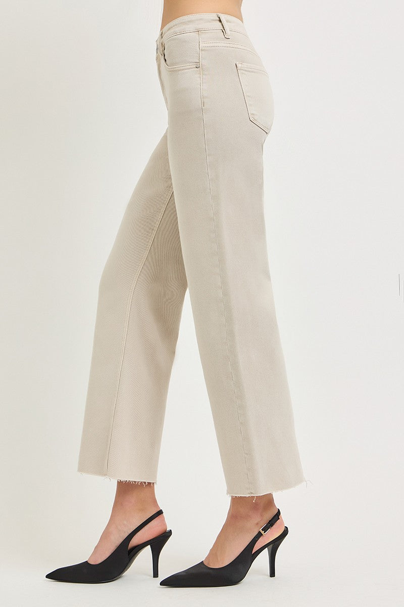 Tummy Control Mid Rise Ankle Straight Raw Hem Pants - Almond