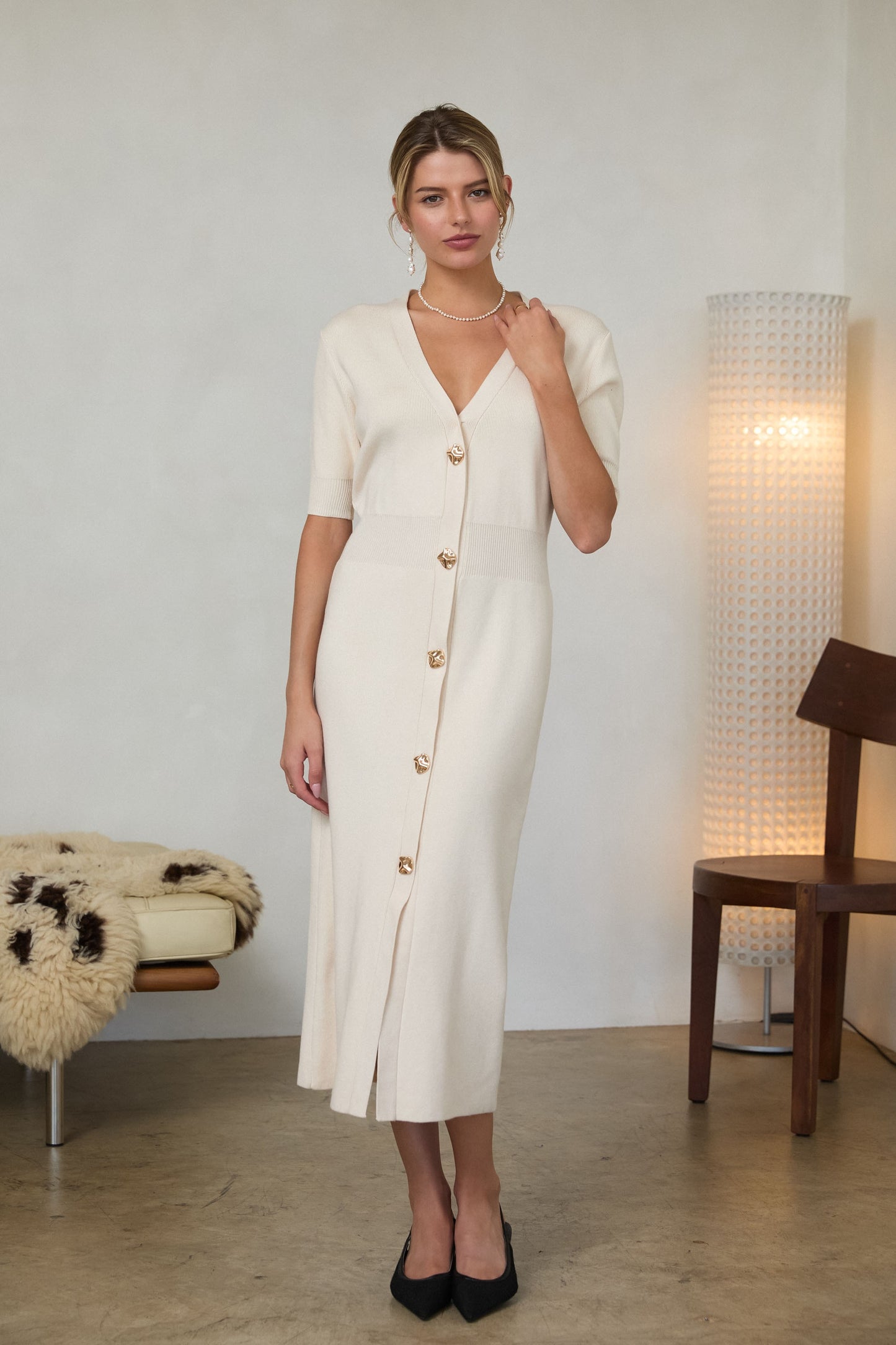 Ribbed Short Sleeve Midi Dress - Ivory