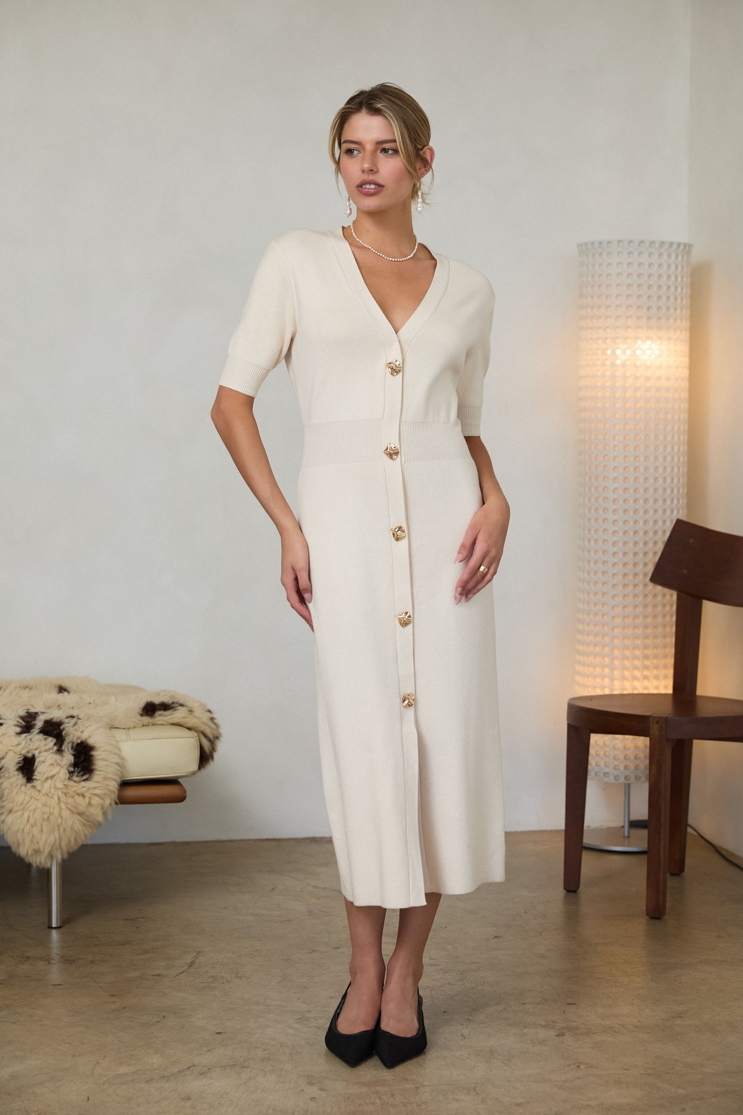 Ribbed Short Sleeve Midi Dress - Ivory