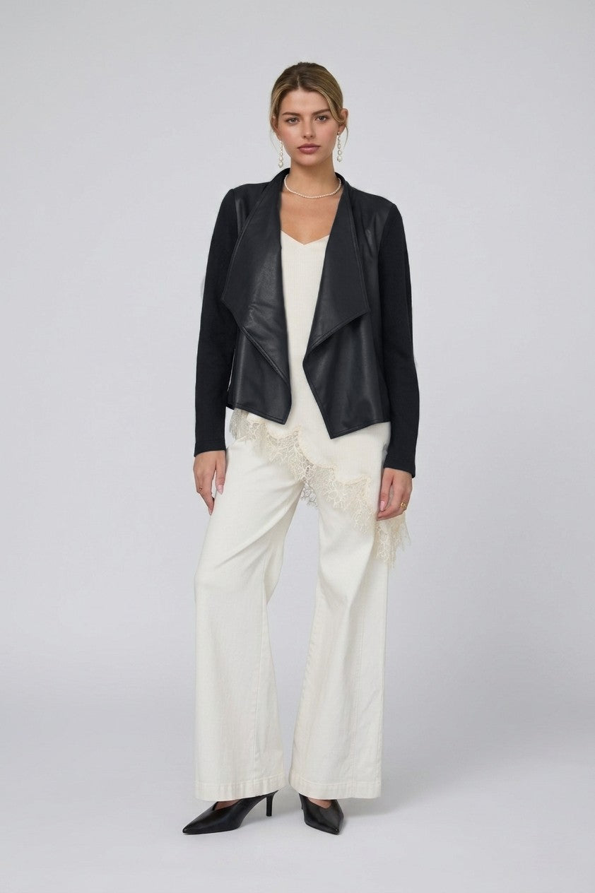 Mixed Media Faux Leather Draped Jacket - Dark Navy