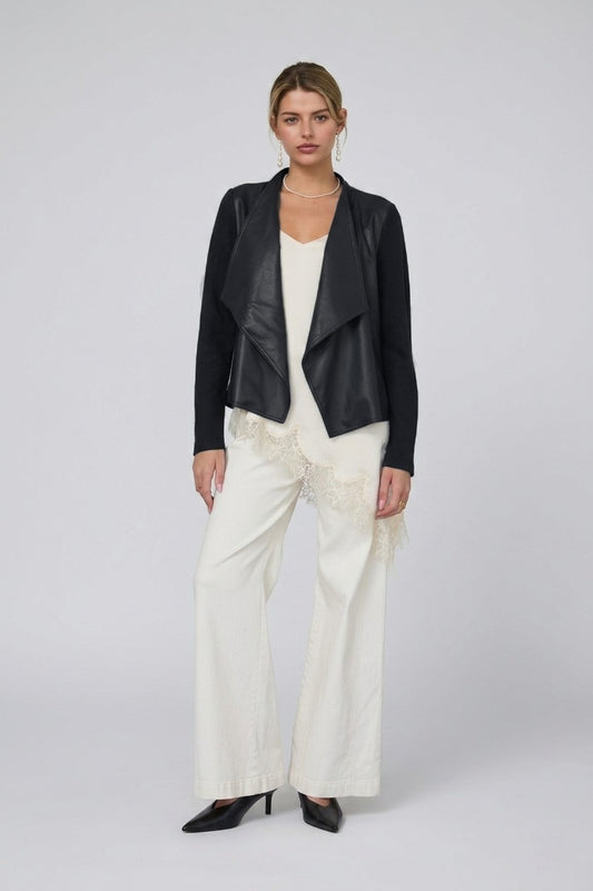 Mixed Media Faux Leather Draped Jacket - Dark Navy