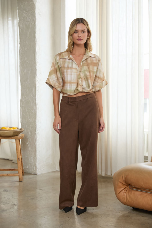Twist-front Plaid Satin Shirt
