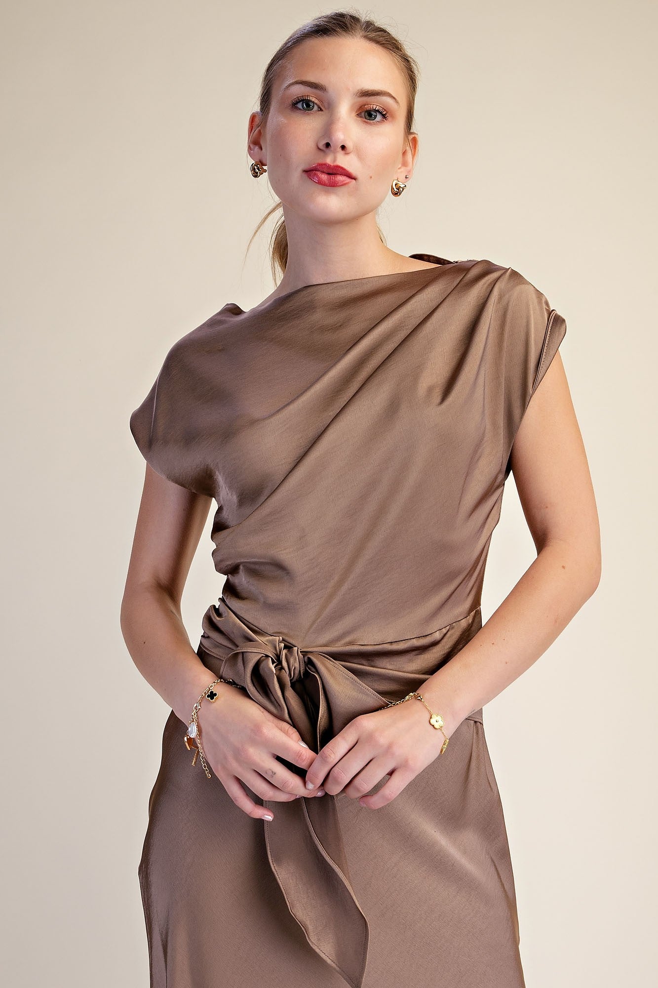 Asymmetrical Waist Tie Midi Length - Mocha
