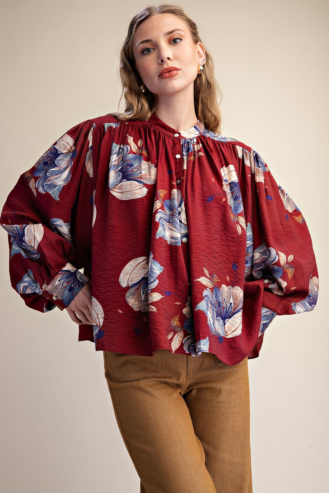 Burgundy Floral Round Neck Button Down Blouse