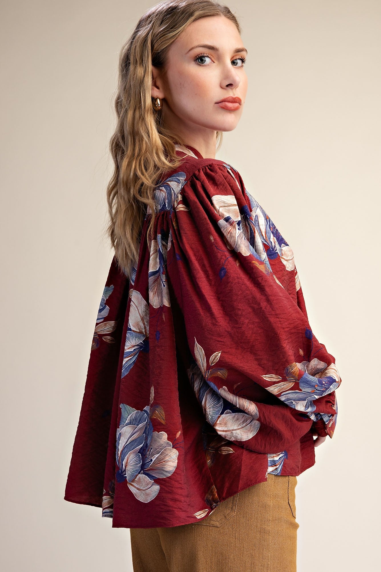 Burgundy Floral Round Neck Button Down Blouse